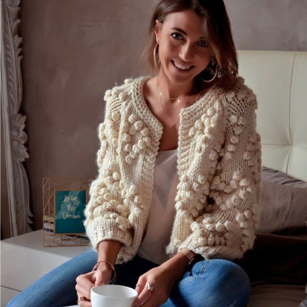 Chicwish Cream Chunky Knit Pom-Pom Cardigan Sweater